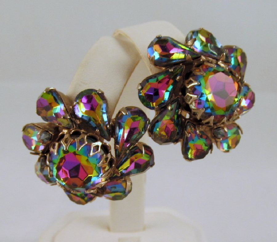 Volcano Watermelon Rhinestone Earrings Fuchsia Green Blue Gold-tone Volcano Watermelon Rhinestone Earrings Fuchsia Green Blue Gold-tone