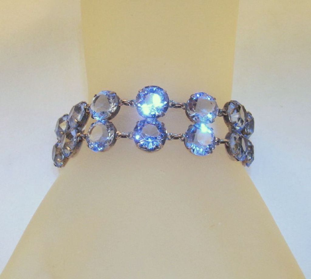 Runway Blue Dentelle Rhinestone Sterling Bracelet Double Rows Runway Blue Dentelle Rhinestone Sterling Bracelet Double Rows