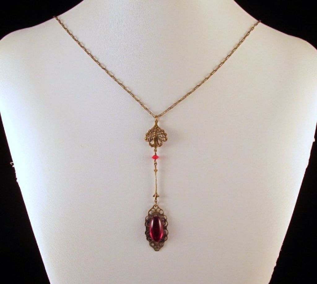 Bohemian Brass & Glass Ruby Red Cabochon Lavaliere Necklace Bohemian Brass & Glass Ruby Red Cabochon Lavaliere Necklace