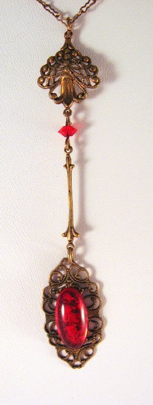 Bohemian Brass & Glass Ruby Red Cabochon Lavaliere Necklace Bohemian Brass & Glass Ruby Red Cabochon Lavaliere Necklace