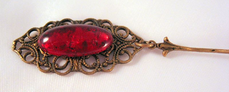 Bohemian Brass & Glass Ruby Red Cabochon Lavaliere Necklace Bohemian Brass & Glass Ruby Red Cabochon Lavaliere Necklace