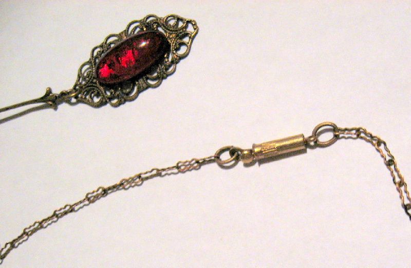 Bohemian Brass & Glass Ruby Red Cabochon Lavaliere Necklace Bohemian Brass & Glass Ruby Red Cabochon Lavaliere Necklace