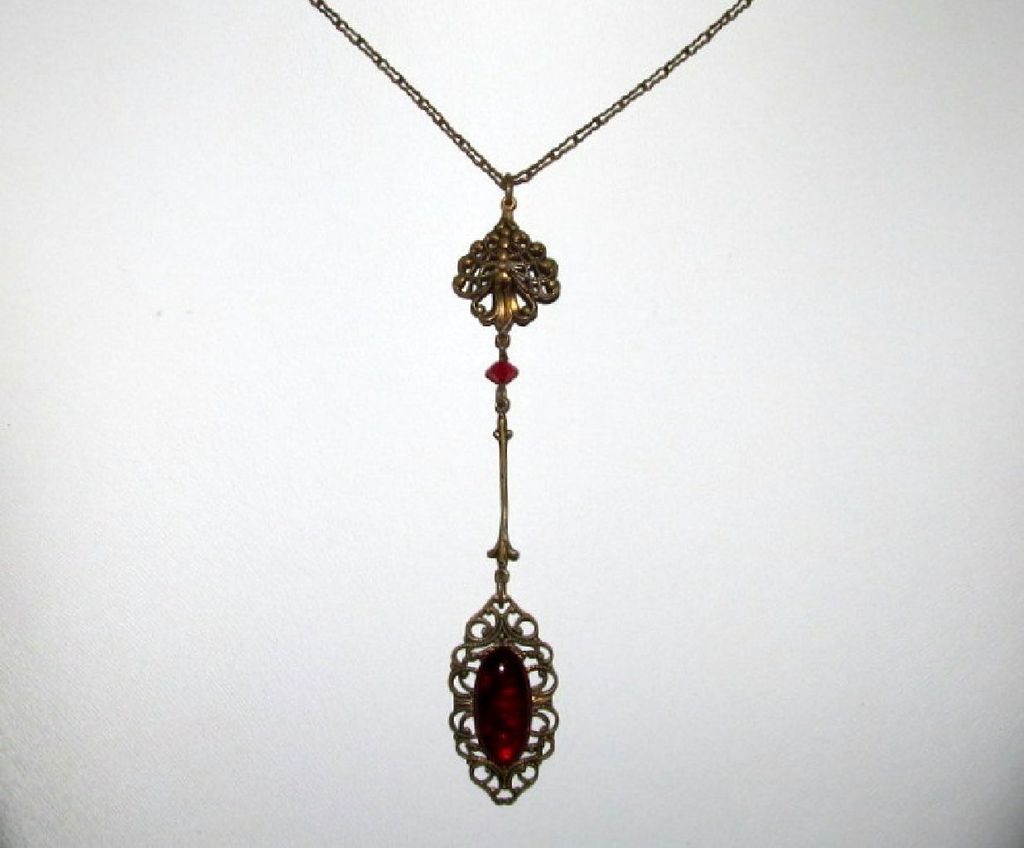 Bohemian Brass & Glass Ruby Red Cabochon Lavaliere Necklace Bohemian Brass & Glass Ruby Red Cabochon Lavaliere Necklace