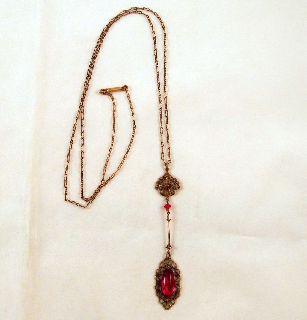 Bohemian Brass & Glass Ruby Red Cabochon Lavaliere Necklace Bohemian Brass & Glass Ruby Red Cabochon Lavaliere Necklace