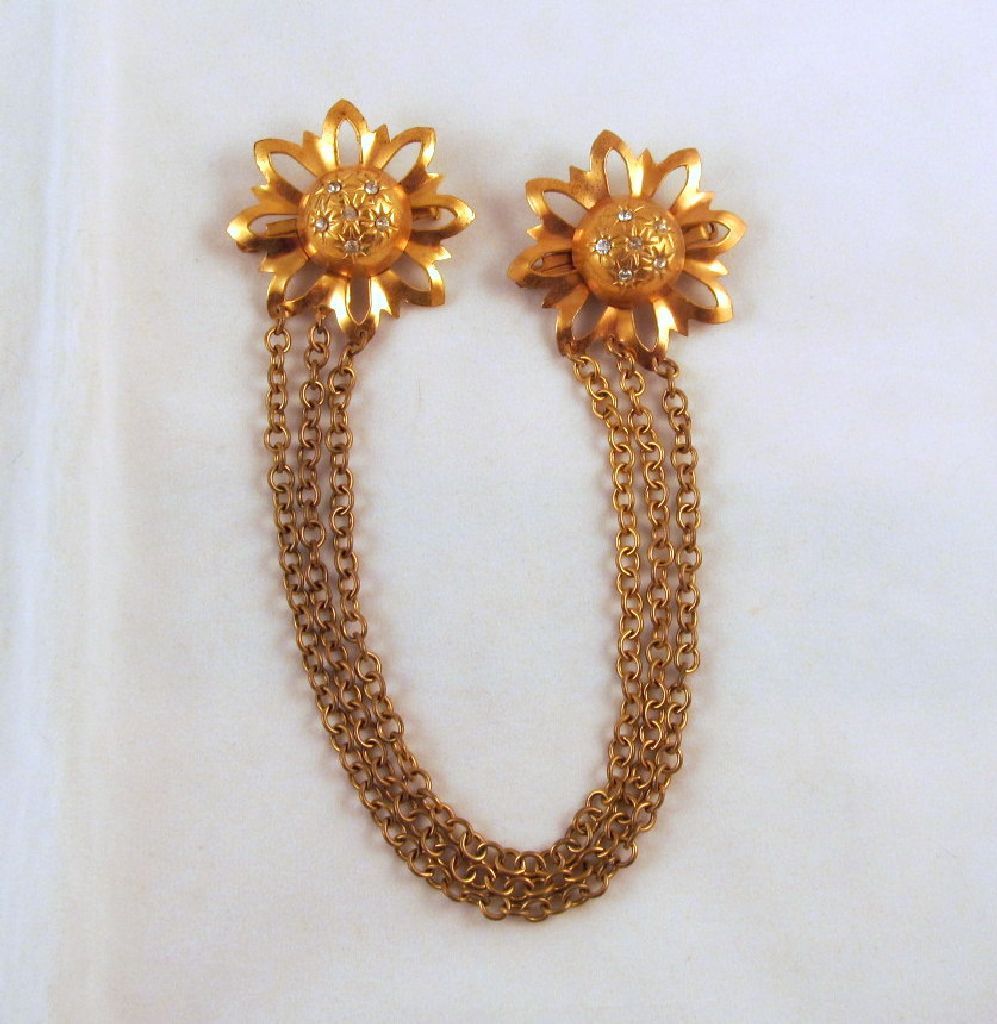 Gold-tone Flowers Rhinestone Chatelaine Brooch Gold-tone Flowers Rhinestone Chatelaine Brooch