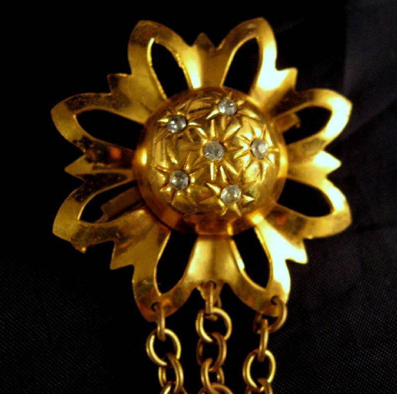 Gold-tone Flowers Rhinestone Chatelaine Brooch Gold-tone Flowers Rhinestone Chatelaine Brooch