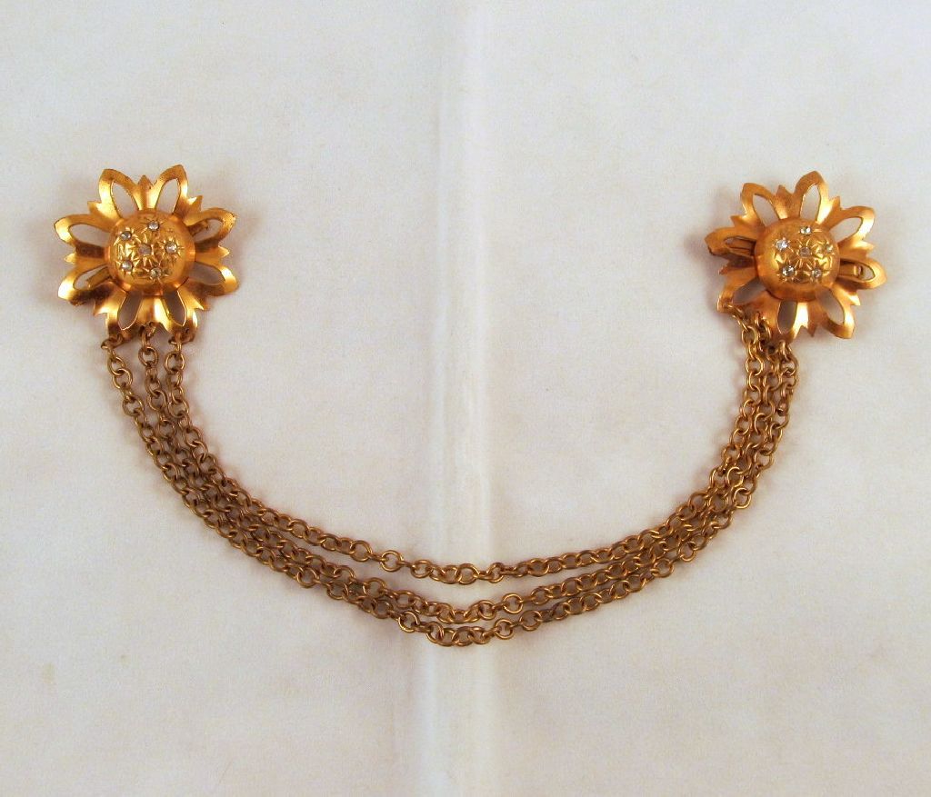 Gold-tone Flowers Rhinestone Chatelaine Brooch Gold-tone Flowers Rhinestone Chatelaine Brooch