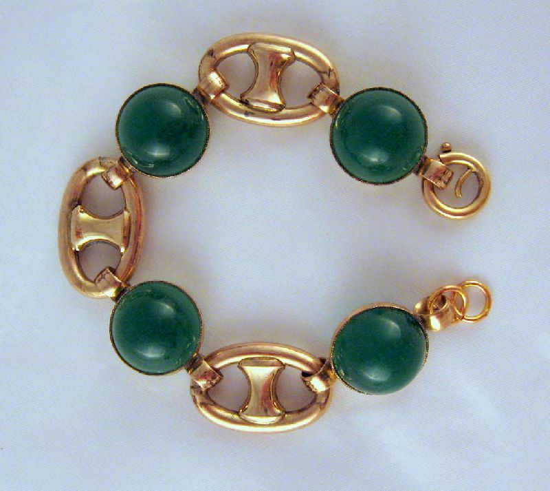 Art Deco Green Art Glass Rolled Gold Bracelet Art Deco Green Art Glass Rolled Gold Bracelet
