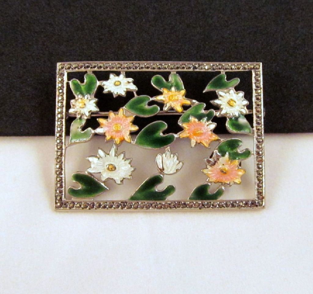 Walter Lampl Sterling Enamel Water Lilies Perfume Brooch Walter Lampl Sterling Enamel Water Lilies Perfume Brooch