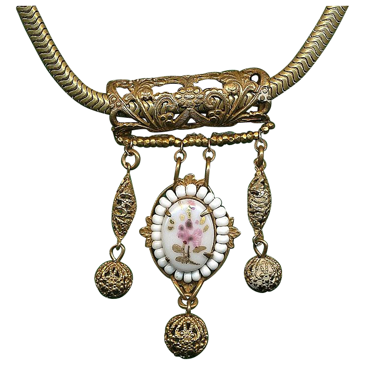 Vintage MIRIAM HASKELL Victorian Style Brass & Porcelain Necklace Vintage MIRIAM HASKELL Victorian Style Brass & Porcelain Necklace