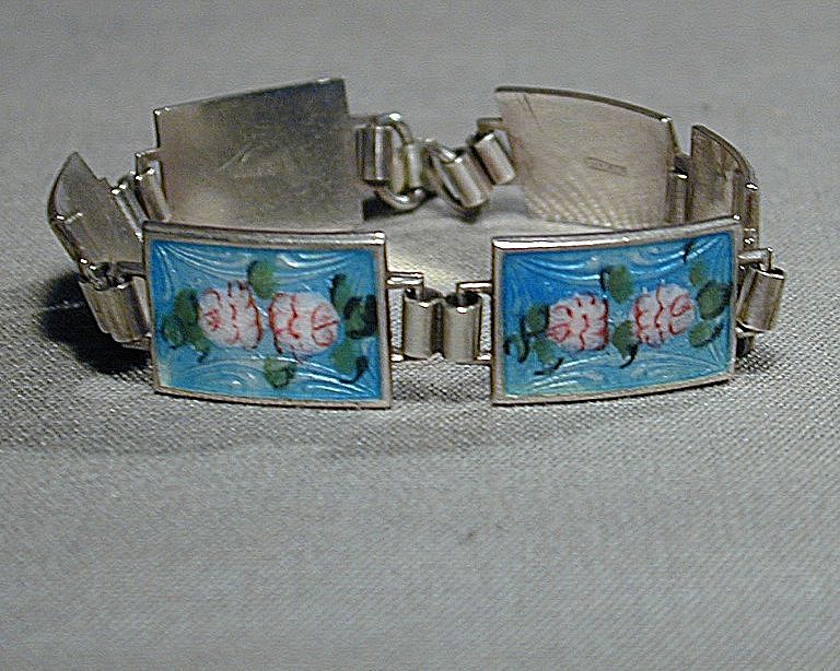 Sterling Silver Link Bracelet w/ Guilloche Enameled Roses - So Pretty Sterling Silver Link Bracelet w/ Guilloche Enameled Roses - So Pretty