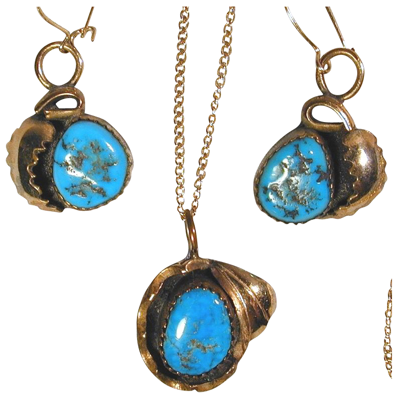 Navajo Paul Frank Sterling & Turquoise Pendant - Earrings Set w/ Gilt Navajo Paul Frank Sterling & Turquoise Pendant - Earrings Set w/ Gilt