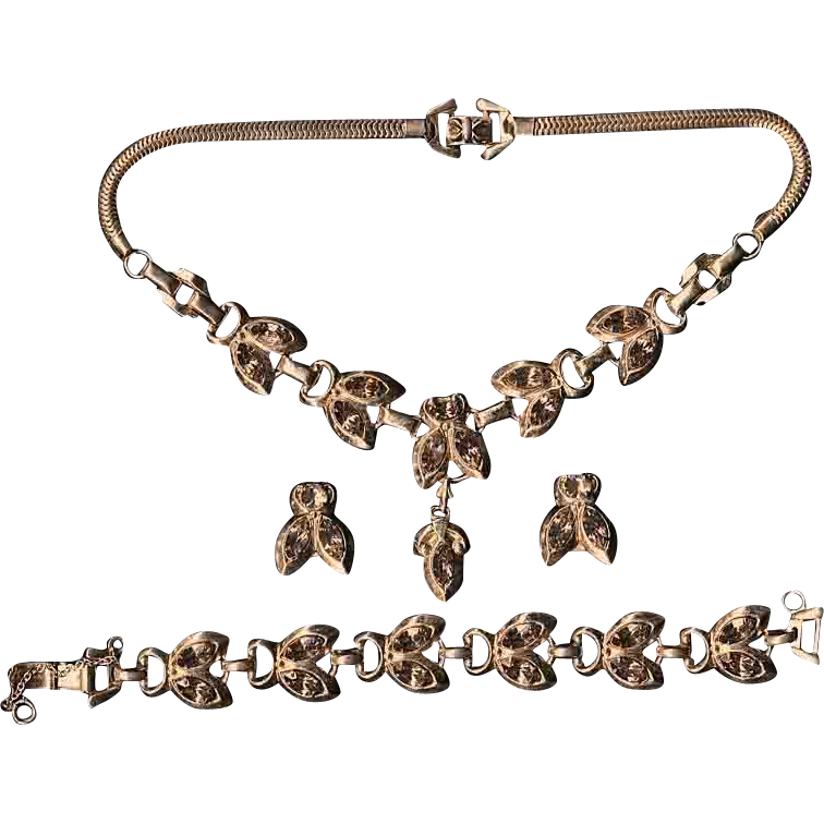 Rare BARCLAY Jewelry Parure Set Amethyst Rhinestone Necklace Bracelet