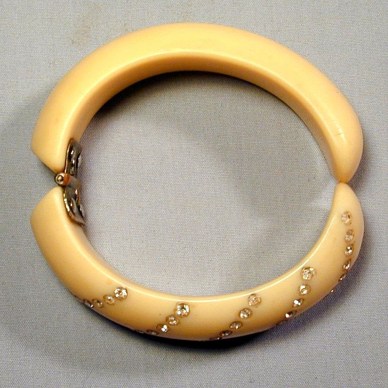 Vintage Bakelite Clamper Bracelet w/ Rows of Rhinestones from