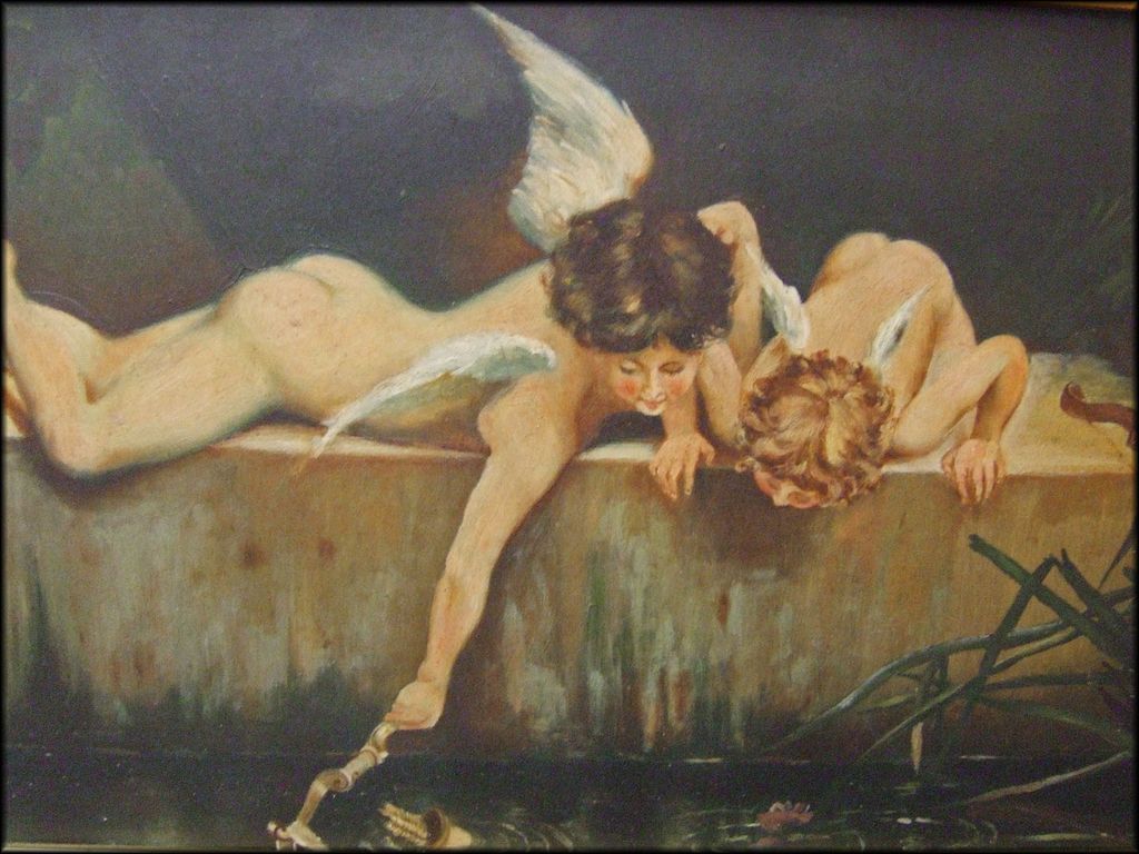 Oil on Board Painting of Two Cherubs in a Garden Oil on Board Painting of Two Cherubs in a Garden