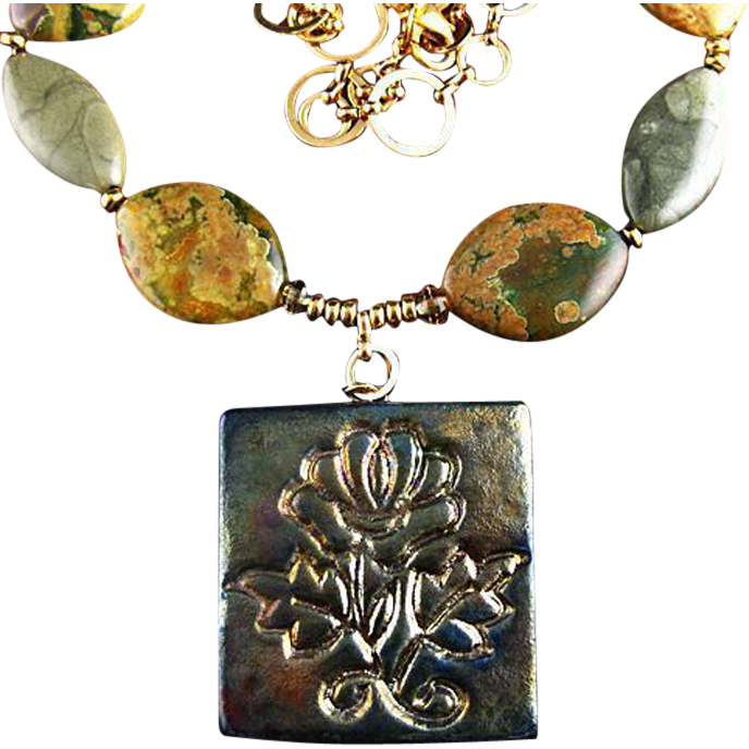 Raku Flower Pendant - Necklace with Citrine, Ceramic and Rhyolite Stones Raku Flower Pendant - Necklace with Citrine, Ceramic and Rhyolite Stones