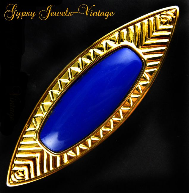 Vintage Monet Blue and Gold herringbone etched Pin Vintage Monet Blue and Gold herringbone etched Pin