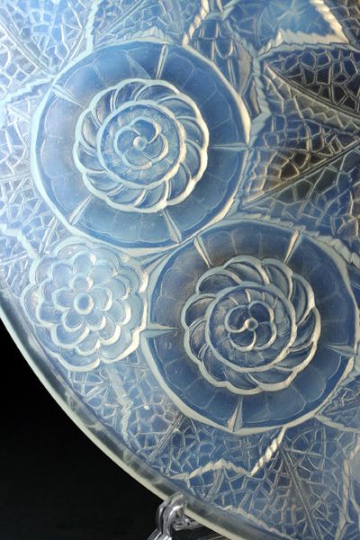 c.1930s French Deco Molded Moulded Opalescent Glass Flower Head & Leaf Dish Charger c.1930s French Deco Molded Moulded Opalescent Glass Flower Head & Leaf Dish Charger