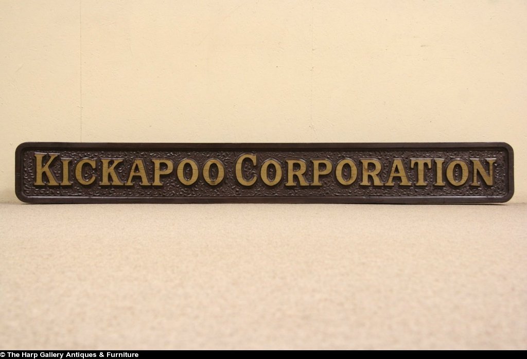 Kickapoo Corporation Carved Pine Vintage Advertizing Sign Kickapoo Corporation Carved Pine Vintage Advertizing Sign