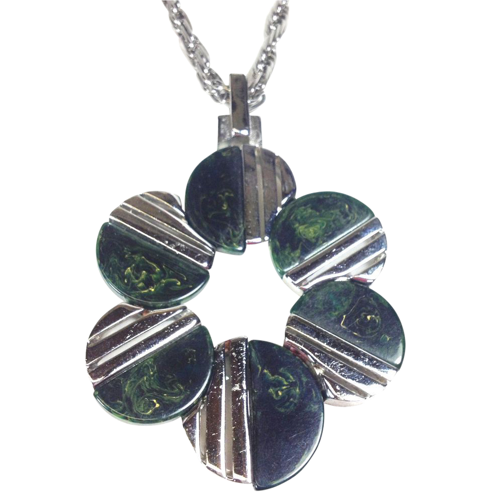 Crown Trifari MidCentury Modern Marbled Green Bakelite & Chrome from