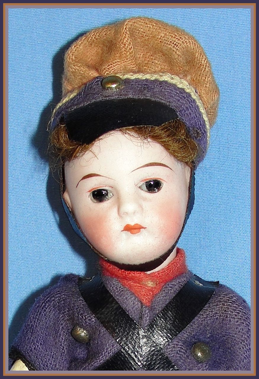 All Original Antique 6" German Bisque Doll Dressed as Soldier All Original Antique 6" German Bisque Doll Dressed as Soldier