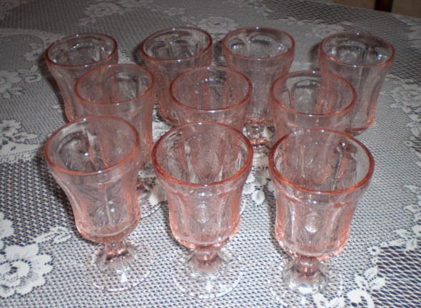 Indiana Glass Pink Water Goblets "Recollection" Pattern Indiana Glass Pink Water Goblets "Recollection" Pattern