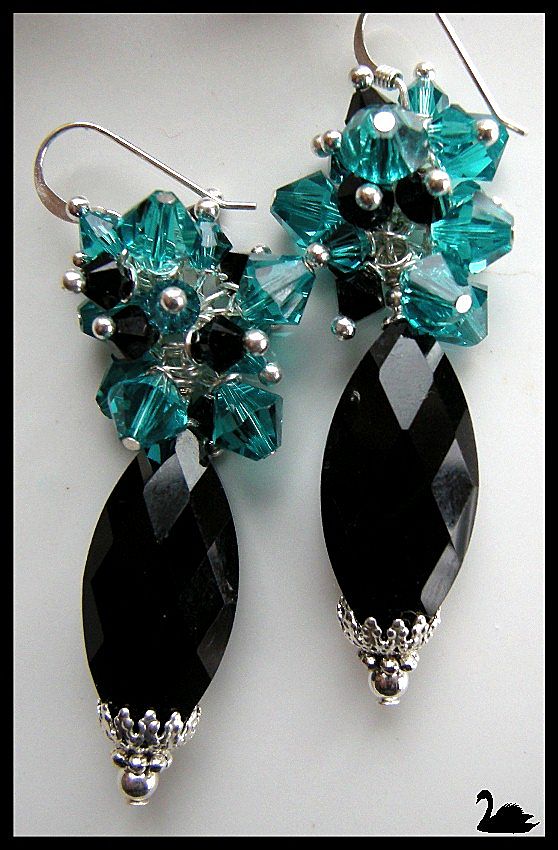 Faceted Black Onyx and Swarovski Crystal Teal Cluster Earrings Faceted Black Onyx and Swarovski Crystal Teal Cluster Earrings