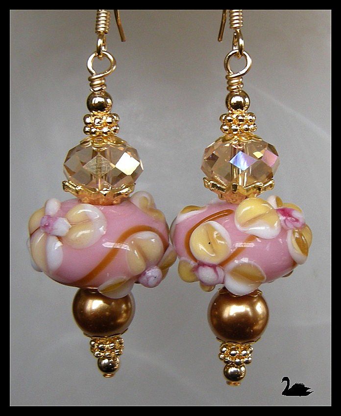 Glass Floral Beaded Earrings In Pink and Caramel Brown Glass Floral Beaded Earrings In Pink and Caramel Brown