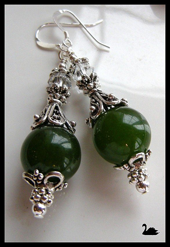 Deep Green Serpentine and Swarovski Crystal Earrings Deep Green Serpentine and Swarovski Crystal Earrings