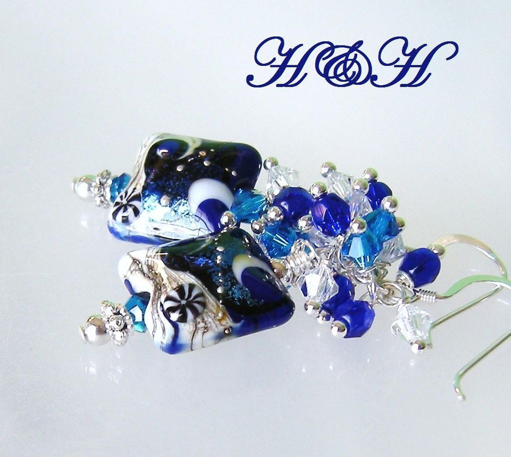 Cobalt Lampwork Earrings With Swarovski Crystals Cobalt Lampwork Earrings With Swarovski Crystals
