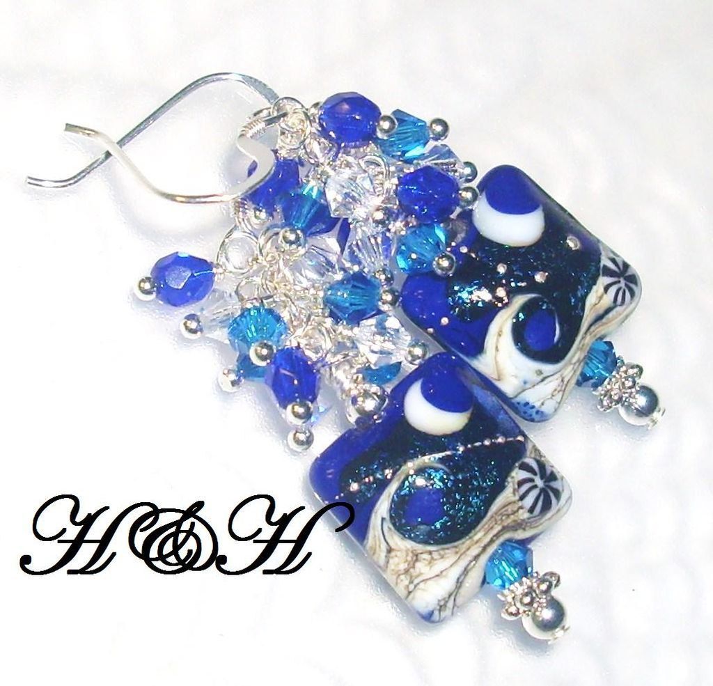 Cobalt Lampwork Earrings With Swarovski Crystals Cobalt Lampwork Earrings With Swarovski Crystals