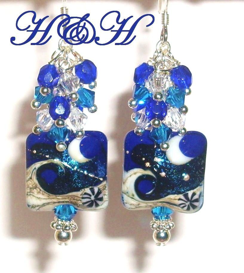 Cobalt Lampwork Earrings With Swarovski Crystals Cobalt Lampwork Earrings With Swarovski Crystals