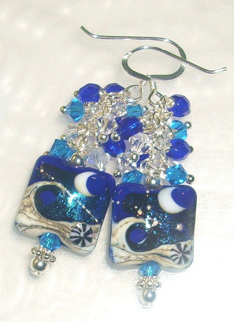 Cobalt Lampwork Earrings With Swarovski Crystals Cobalt Lampwork Earrings With Swarovski Crystals