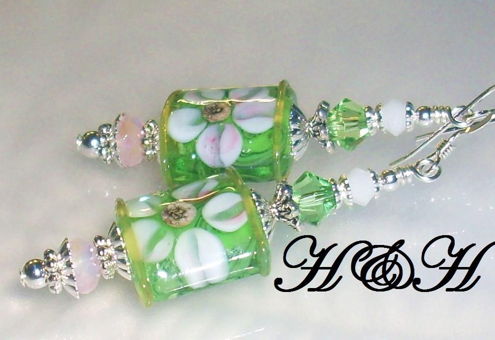 Soft Green and Pink Floral Lampwork Earrings Soft Green and Pink Floral Lampwork Earrings