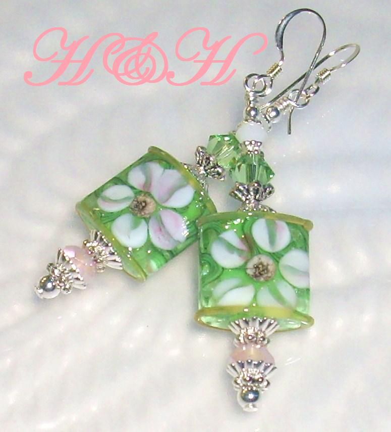 Soft Green and Pink Floral Lampwork Earrings Soft Green and Pink Floral Lampwork Earrings