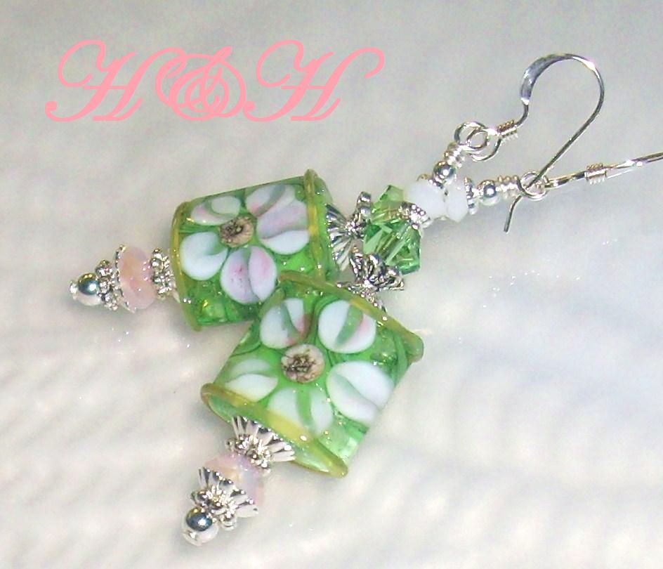 Soft Green and Pink Floral Lampwork Earrings Soft Green and Pink Floral Lampwork Earrings