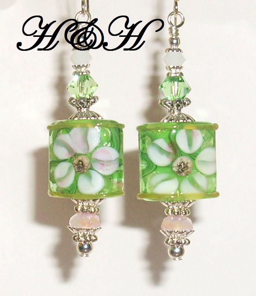 Soft Green and Pink Floral Lampwork Earrings Soft Green and Pink Floral Lampwork Earrings