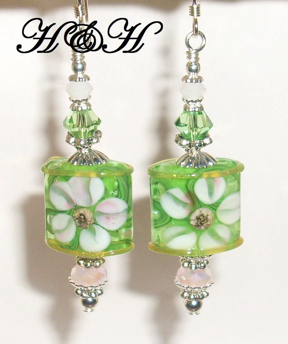 Soft Green and Pink Floral Lampwork Earrings Soft Green and Pink Floral Lampwork Earrings