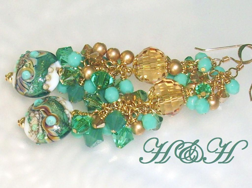 Teal and Gold Long Lampwork Earrings With Swarovski Crystals and Czech Glass Teal and Gold Long Lampwork Earrings With Swarovski Crystals and Czech Glass
