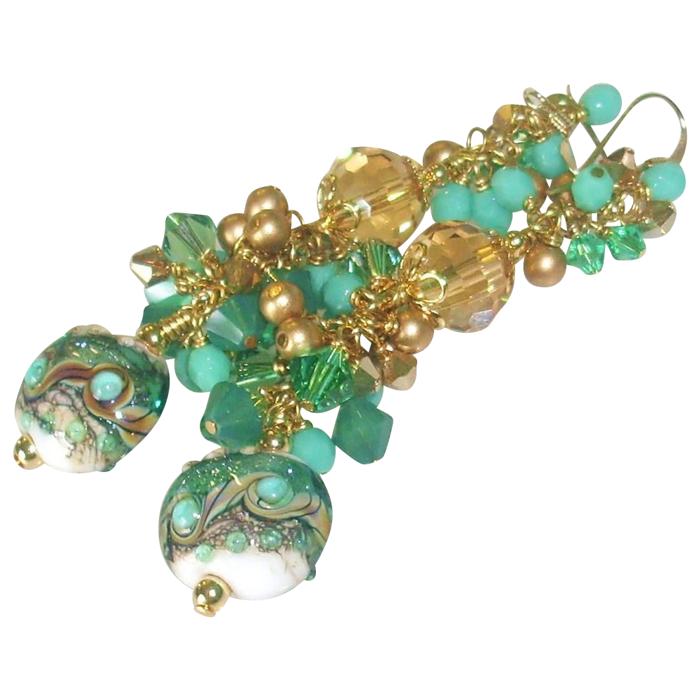 Teal and Gold Long Lampwork Earrings With Swarovski Crystals and Czech Glass Teal and Gold Long Lampwork Earrings With Swarovski Crystals and Czech Glass
