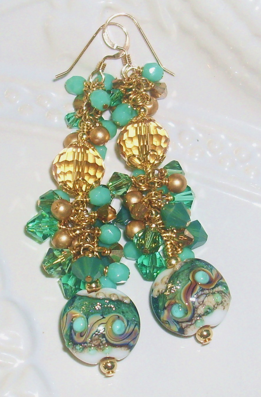 Teal and Gold Long Lampwork Earrings With Swarovski Crystals and Czech Glass Teal and Gold Long Lampwork Earrings With Swarovski Crystals and Czech Glass