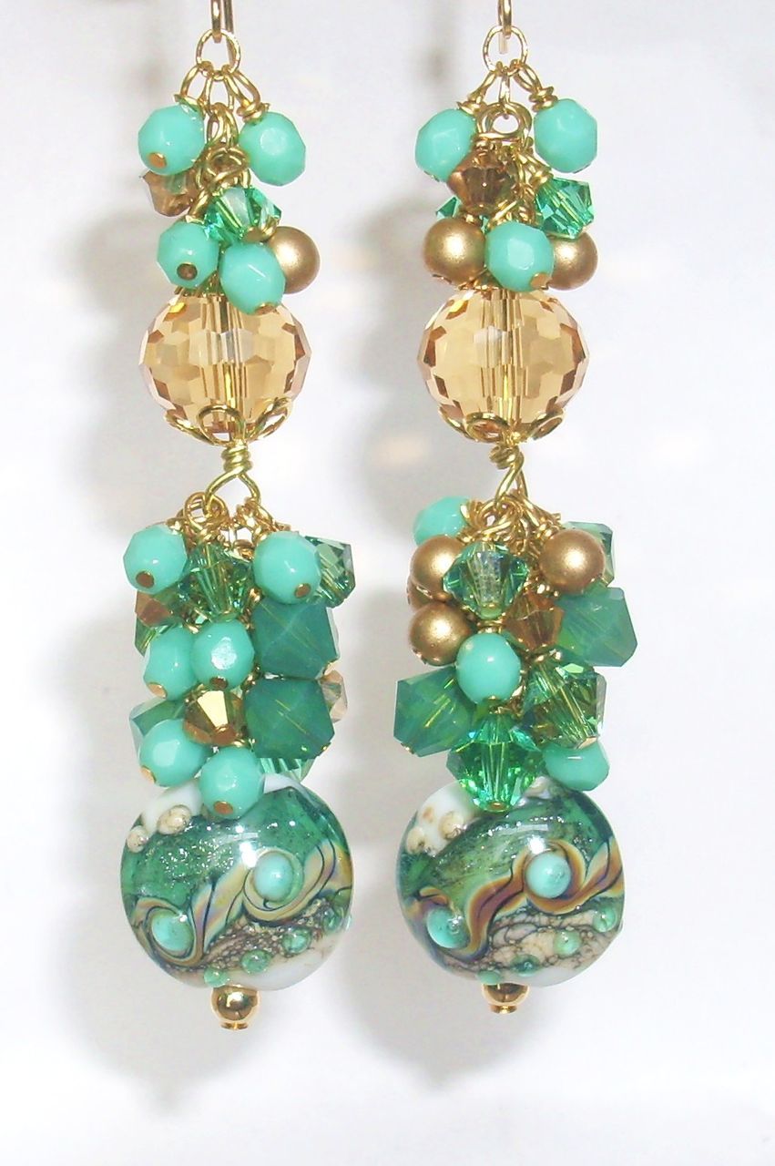 Teal and Gold Long Lampwork Earrings With Swarovski Crystals and Czech Glass Teal and Gold Long Lampwork Earrings With Swarovski Crystals and Czech Glass