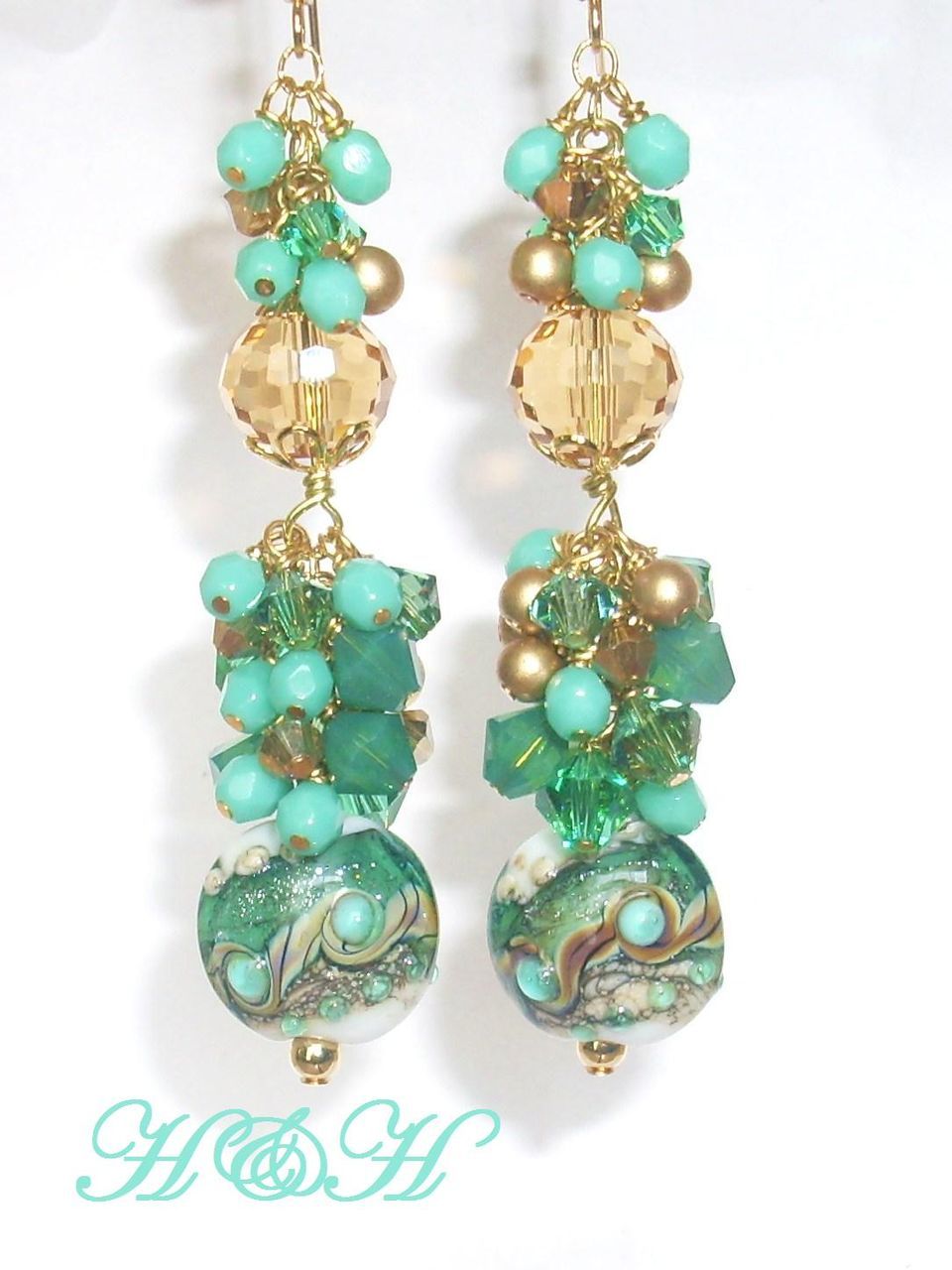 Teal and Gold Long Lampwork Earrings With Swarovski Crystals and Czech Glass Teal and Gold Long Lampwork Earrings With Swarovski Crystals and Czech Glass