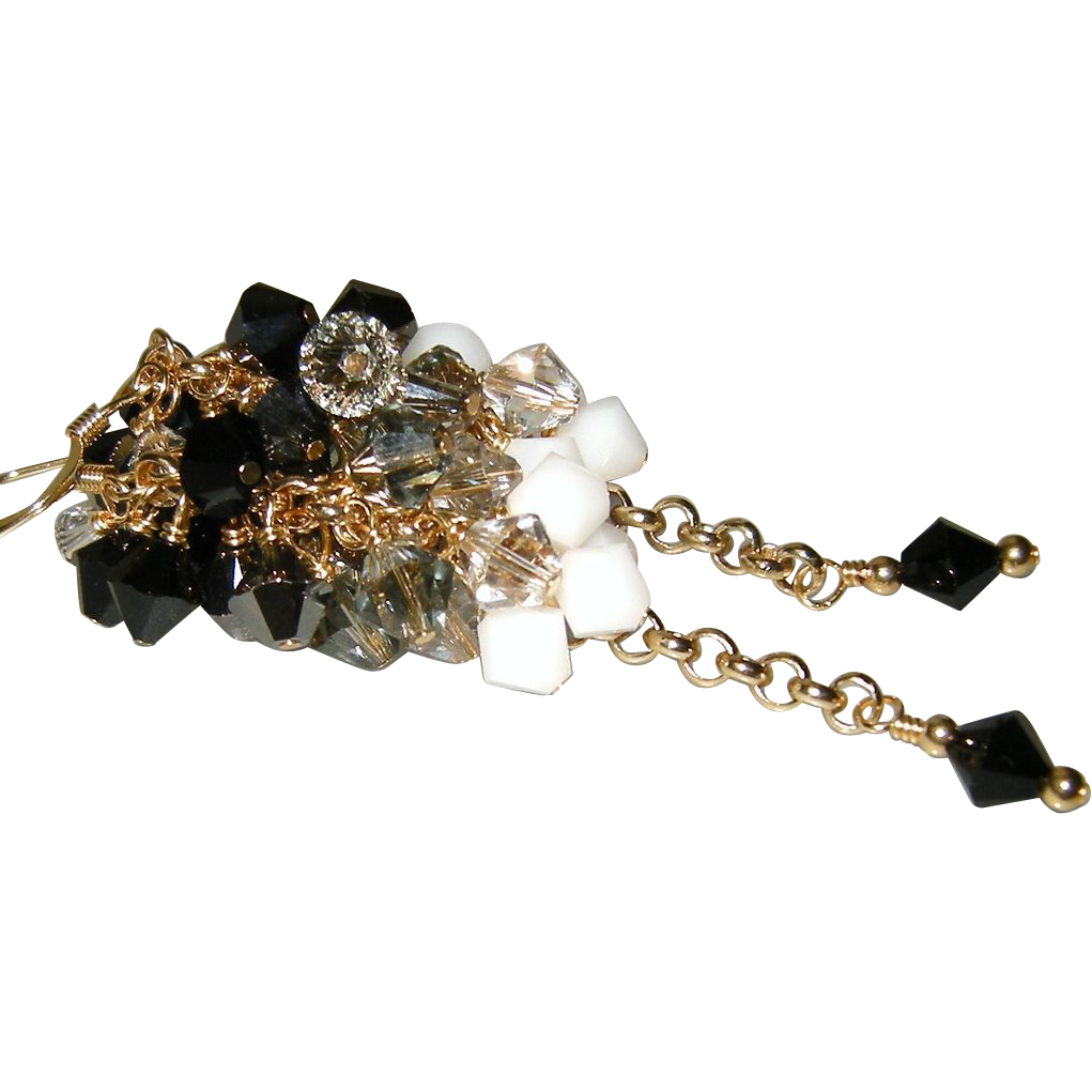Swarovski Crystal Cluster Earrings In Black, Silver, Gray and White Swarovski Crystal Cluster Earrings In Black, Silver, Gray and White