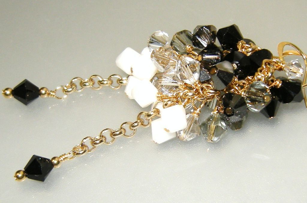 Swarovski Crystal Cluster Earrings In Black, Silver, Gray and White Swarovski Crystal Cluster Earrings In Black, Silver, Gray and White