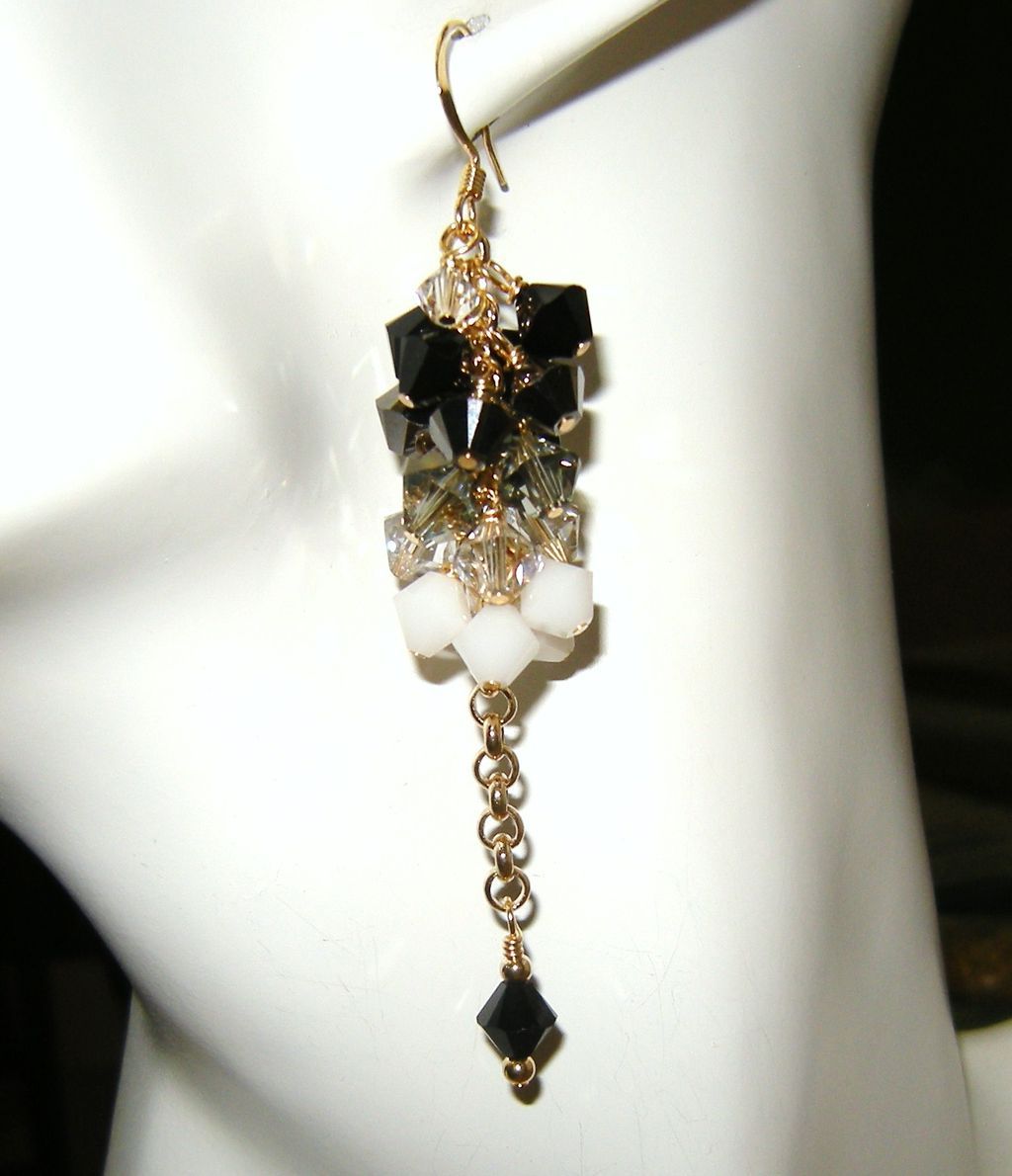 Swarovski Crystal Cluster Earrings In Black, Silver, Gray and White Swarovski Crystal Cluster Earrings In Black, Silver, Gray and White