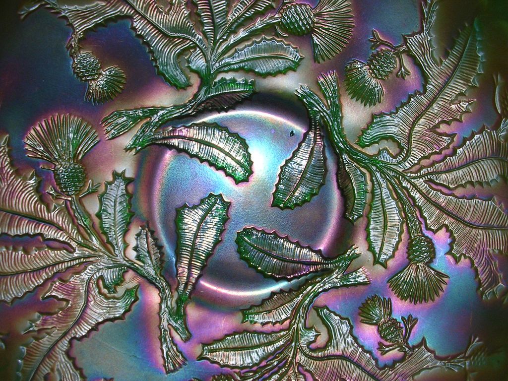 Fenton Carnival Glass Green Thistle Scalloped Bowl from