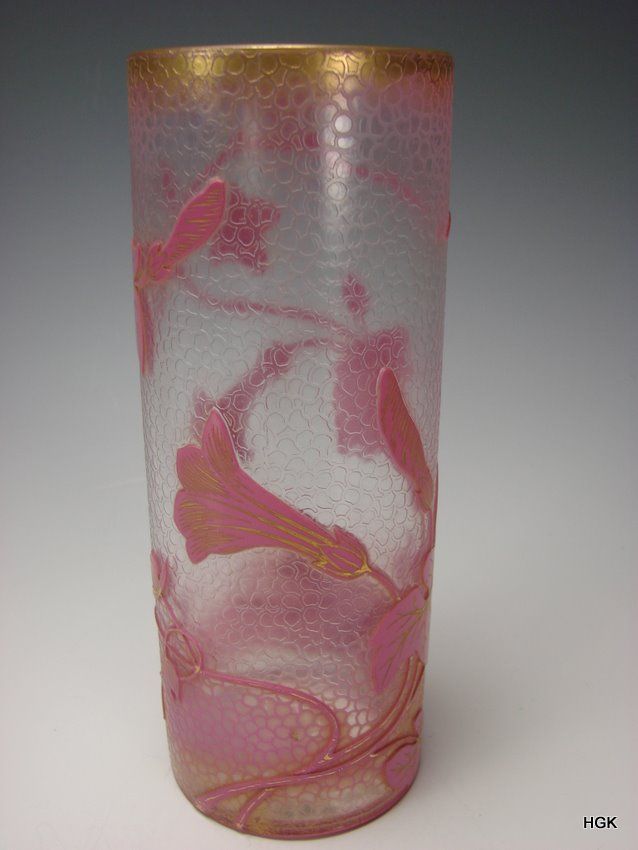 Great Art Nouveau Baccarat Pink and Gilt Cameo Glass Vase Signed Dated c1898 Great Art Nouveau Baccarat Pink and Gilt Cameo Glass Vase Signed Dated c1898