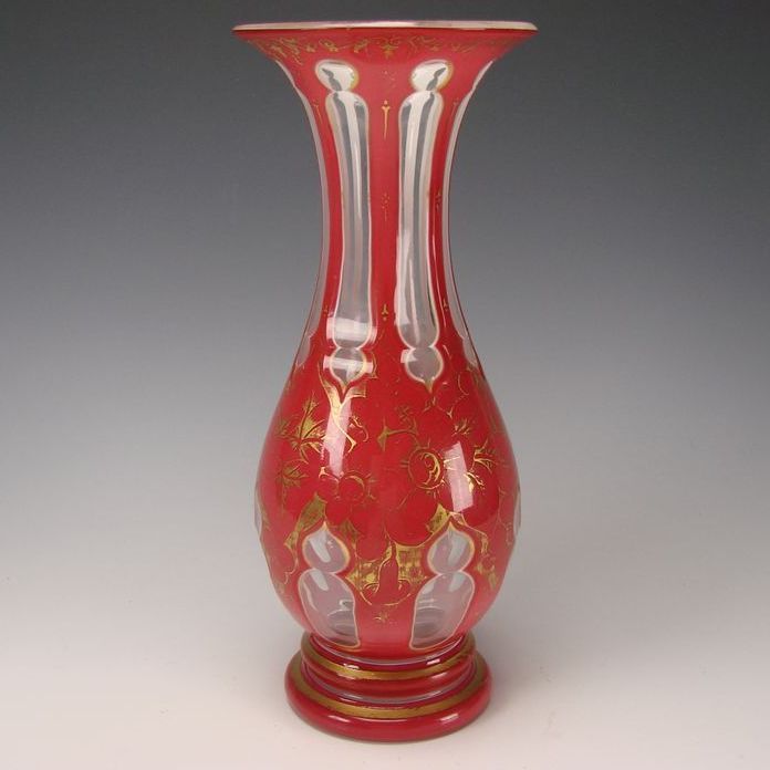 Bohemian Hot Pink Red Enamel Overlay Glass Vase Bohemian Hot Pink Red Enamel Overlay Glass Vase