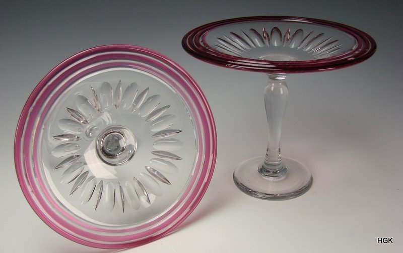 Antique Pairpoint Elegant Cranberry Cased Cut Glass Compote Tazza Set Antique Pairpoint Elegant Cranberry Cased Cut Glass Compote Tazza Set